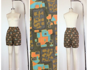 60s Moss Green Abstract Print Jantzen Shorts / 1950s Vintage Mod Geometric Print High Waisted Shorts / Medium / Size 6