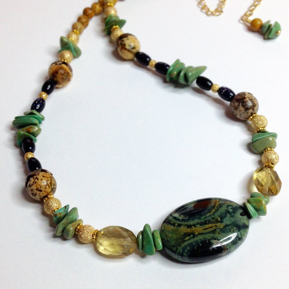 Citrine Gemstone and Green Jasper Necklace Gold Filled