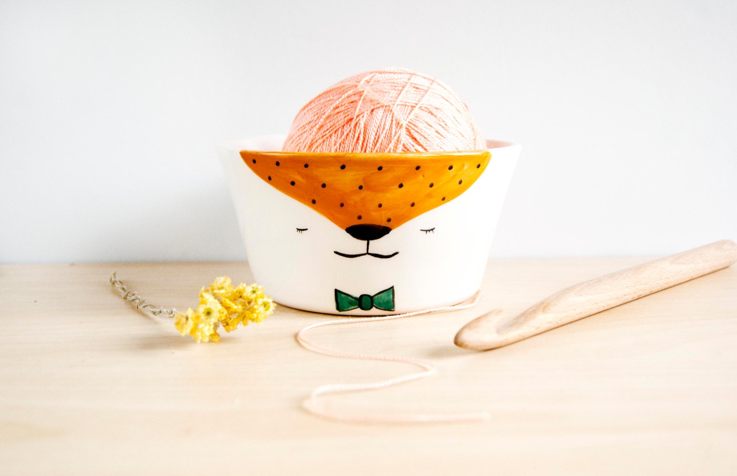 Ceramic yarn bowl with face Yarn bowl cat fox Yarn bowl