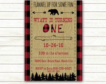 Lumberjack First Birthday Invitation Printable | Buffalo Plaid | Woodland Wood grain | Little Bear | Flannel Camping Digital File