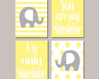 Elephant Nursery Art, Yellow Gray Nursery, You Are My Sunshine, Wall Art, Boy Nursery Decor, Nursery Prints, Set of 4 Prints Or Canvas