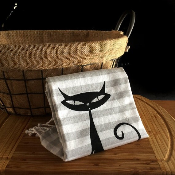 Black Cat Kitchen Dish Towel. Halloween White Gray / Grey
