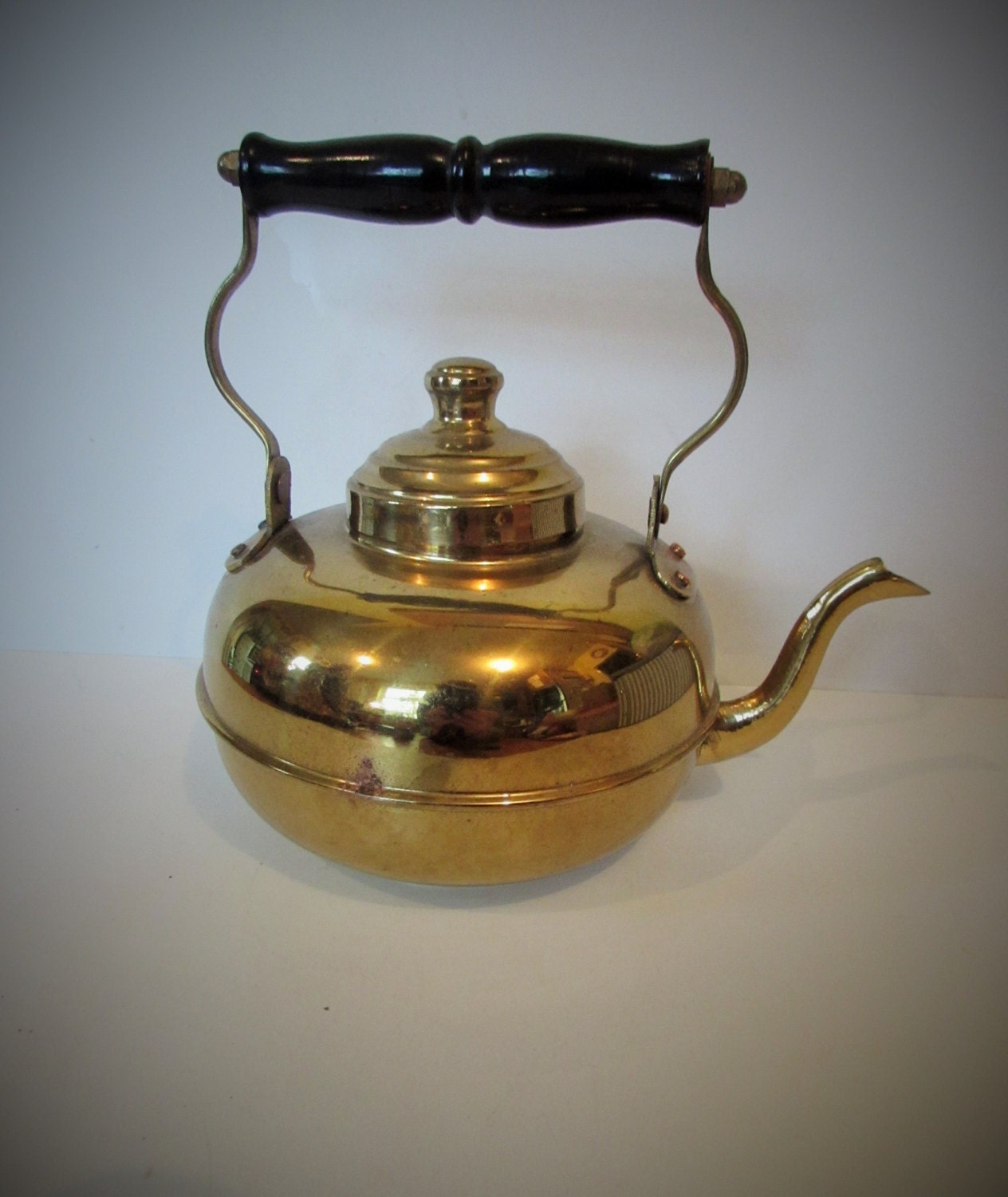 Small Vintage Brass Kettle with Wood Handle
