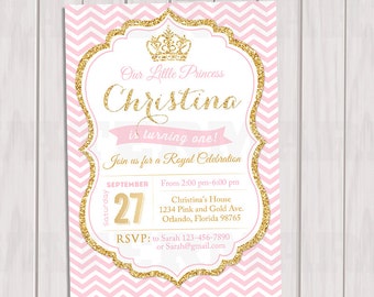 Pink and Gold Princess Birthday Invitation, Chevron Invitation, Girl invite, Gold Glitter invitation, Printable invite