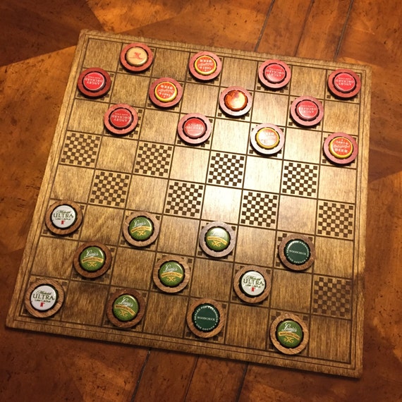 Bottle Cap Checkers Laser Engraved Wooden Checkerboard with