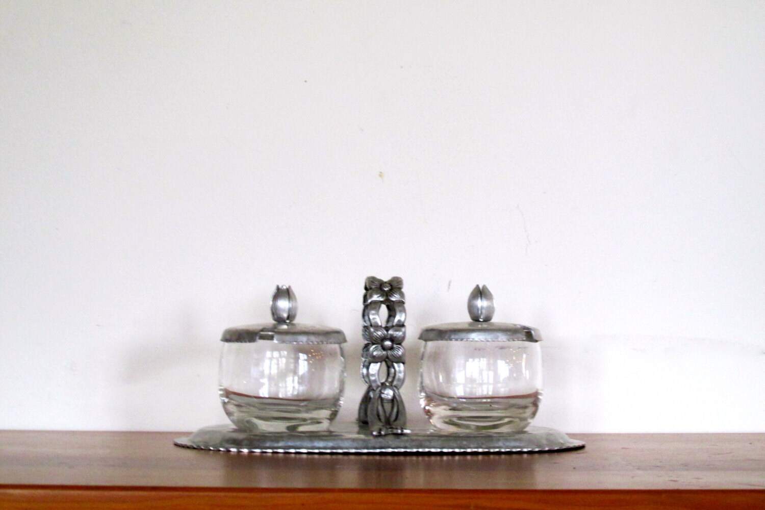 Vintage Rodney Kent Hand Wrought Aluminum Condiment Set with Glass