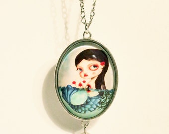 Mermaid necklace with pearl: "Pandora's box", art by Susann Brox Nilsen. Oceanic, best friend gift, wedding, water, black hair girl, cartoon