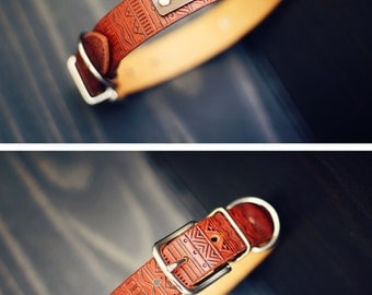 Personalized Leather Dog Collar, Custom Leather Dog Collar, Handmade personalized gift, number, Tan Stain, Aztec tribal pattern, FREE Name