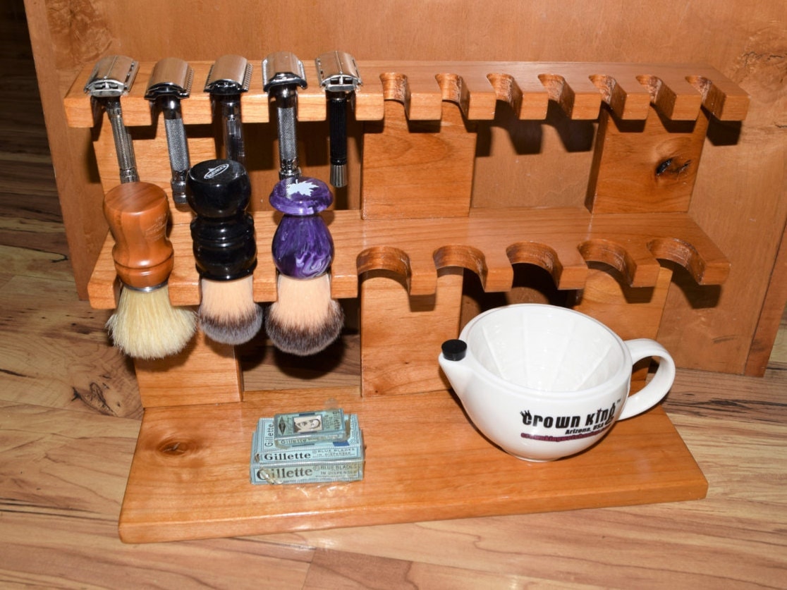 The Ultimate Wood shaving Razor and Brush double decker stand