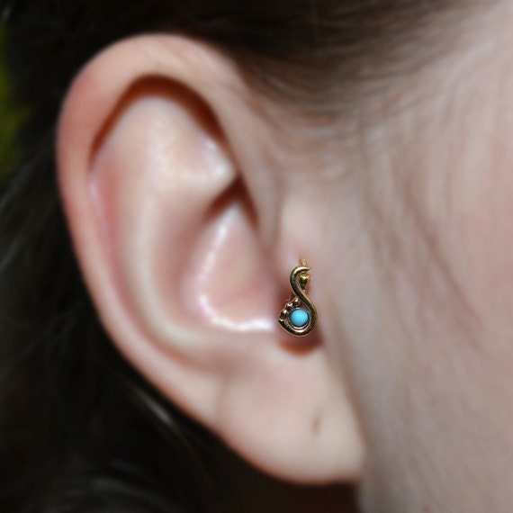 Tragus Earring 20g - Gold Nose Ring - 2mm Turquoise Tragus Hoop - Forward Helix Earring - Cartilage Earring - Rook Piercing - Conch Earring