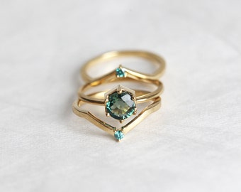 Green Sapphire Engagement Ring, Mint Sapphire Engagement Ring Set with Blue Diamond Band, Three Ring Set, 18k Yellow gold