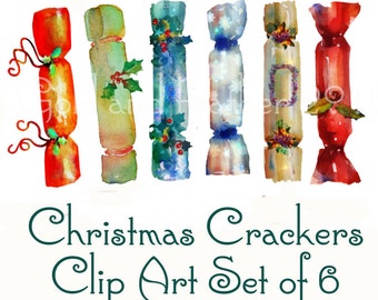 Christmas Crackers Holiday Clip Art, Hand Painted Set of Six, Digital Scrap-book and Handmade Christmas Cards