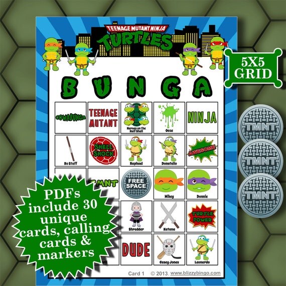 Teenage Mutant NINJA TURTLES 5x5 Bingo printable PDFs contain