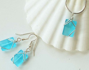 Light blue sea glass set aqua blue sea glass necklace and earrings wire wrapped sea glass jewelry wire bridesmaid set eco friendly recycled