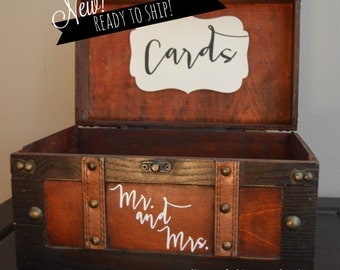 Brown Money Card Box Wedding Holder Trunk, Medium - Wedding Money Card Box with Mr. and Mrs. - Medium Gift Card Box-Ready to Ship