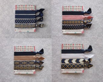 Navy Blue and Gold Hair Tie Bracelets with White Pink or Tan, Ponytail Holders, Party Favors, Ouchless, No Snag, Yoga, Choose Your Prints