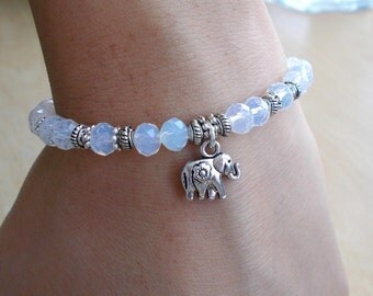 White Crystal Gold or Silver Elephant Bracelet - Opal White Beaded Boho Animal Charm Stretch Bracelet - Dainty Simple Everyday Jewellery