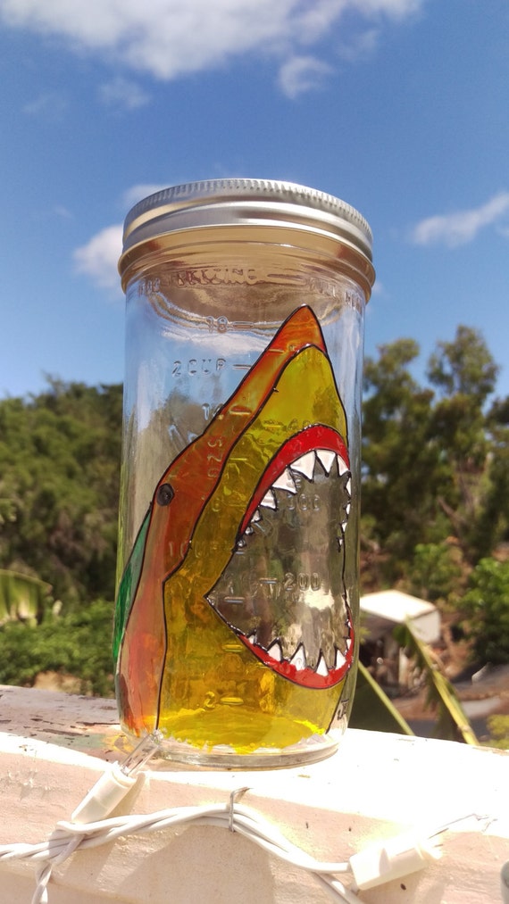 Items similar to Painted Mason Jar Shark/ocean art/hand painted/jar