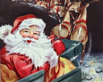 Retro Santa Sleigh and Reindeer Christmas Card #200 Digital Download