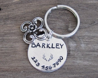 Large Pet ID Tag - Hand Stamped Aluminum with a Silver Flower Charm