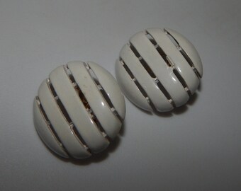 Vintage Crown Trifari Earrings Gold Tone White Enamel Clip On Earrings Signed Trifari