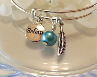 BELIEVE charm, Feather charm bracelet, Blue Pearl Charms, Expandable bangle, Adjustable bangle
