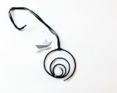 Black necklace, spiral shape jewel, long necklace with pendant in a spiral shape, black nylon rope and golden wire necklace