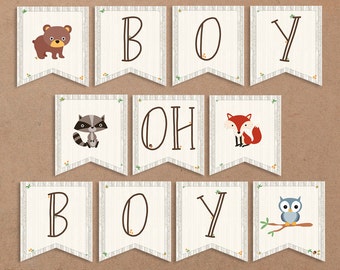 Woodland Baby Shower Banner, Boy Oh Boy. Animals Sign, Boy Shower - Printable - INSTANT DOWNLOAD, Digital file (11 Flags) Owl, Bear - BSU001