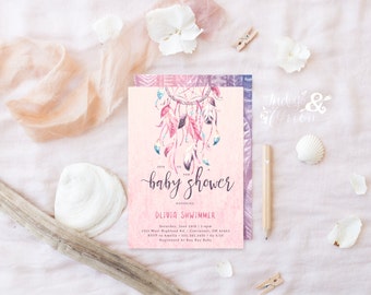 Boho baby shower invitation | dream catcher baby shower invitations | pink watercolor rustic design printable file | FREE backer file