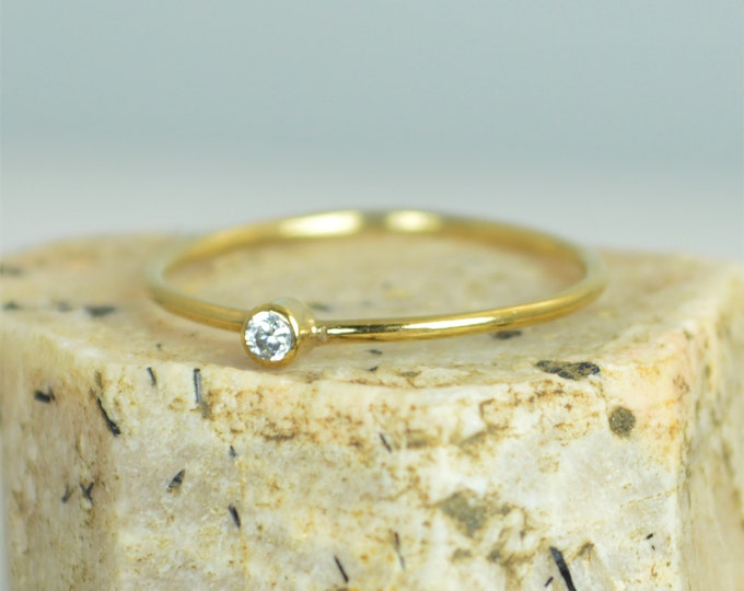 Tiny CZ Diamond Ring, Solid Gold Diamond Stacking Ring, Solid 14k Gold Diamond Ring, Diamond Mothers Ring, April Birthstone, Diamond Ring