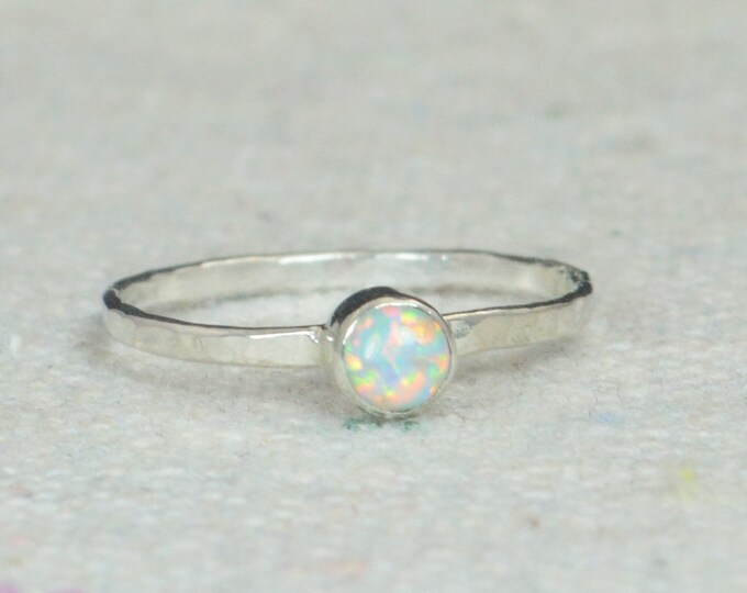 Small Silver Opal Ring, Sterling Opal Ring, White Opal Ring, Mothers Ring, Opal Jewelry, Stacking Ring, October Birthstone Ring