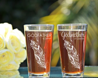 Godfather Godmother Gift, Baptism Gift for Godparents, Will You Be My Godparents, Christening Gift, Cross, Feather Glasses, Godfather Glass