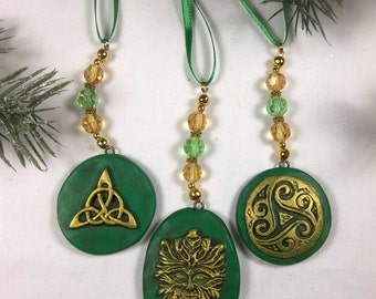3 Piece Celtic Green & Gold Yule Solstice Christmas Polymer Clay Ornament Set