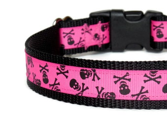 Hot Pink Skull & Crossbones Dog Collar - Adjustable - Black Nylon - (Buckle or Martingale)