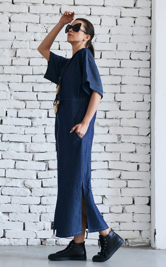 Loose Denim Dress / Long Blue Zipper Dress / Oversize Tunic