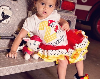 Custom Embroidered Marshall Paw Patrol Outfit Shirt with VERY FULL Ribbon Trim Tutu