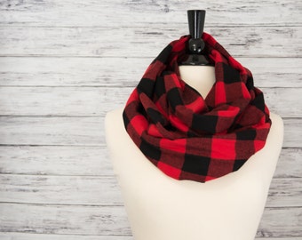 Plaid Infinity Scarf- Christmas Gift Idea for Her- Buffalo Plaid Scarf- Infinity Scarf- Red and Black Scarf- Christmas Scarf for Her