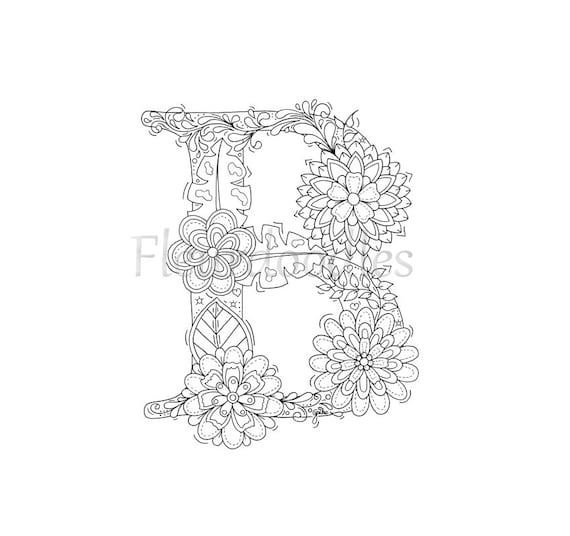 adult coloring page floral letters alphabet B hand