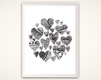 Heart Wall Art, Heart Print, Zendoodle, Love Print, Modern Minimal Print, Heart Decor, Gallery Wall Decor, Black and White Print, DOWNLOAD