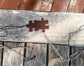 Antique Brass Puzzle Piece Necklace Pair - Rustic Modern Necklace - Men's + Women's Jewelry by Idle King