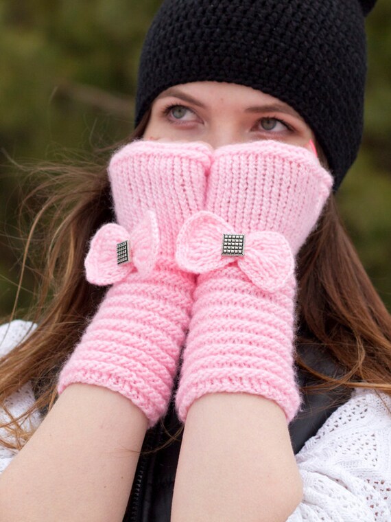 Knit Women Mittens Knit Fingerless Gloves Long Mittens Pink