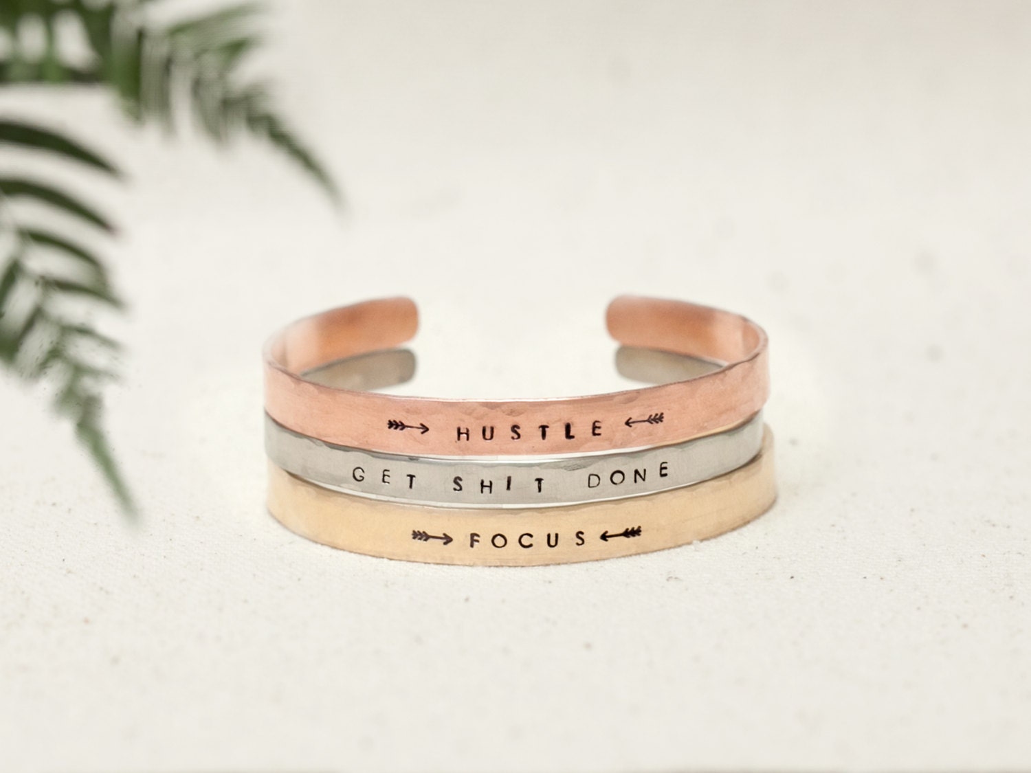 Inspirational words bracelet Set of 3 cuff Focus stacked