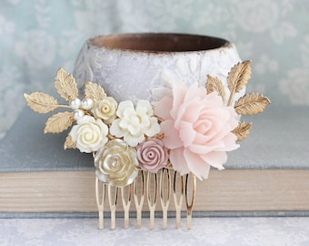 Bridal Hair Comb Blush Wedding Gold Ivory Cream Nudes Natural Tones Vintage Style Bridesmaid Gift Floral Hair Piece Gold Leaf Branch