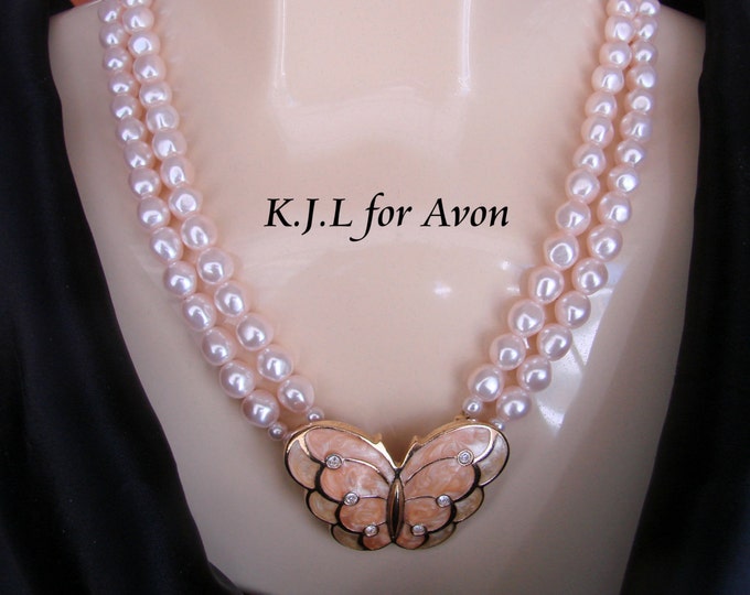 Kenneth J. Lane Avon Modernist Butterfly Rhinestone Pearl Statement Necklace / Papillon Collection / Vintage Jewelry