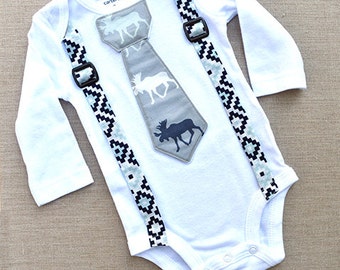 Baby Boy Clothes Moose Bodysuit, Baby Body Suit, Moose One Piece Outfit, Neck Tie and Suspender Onesie, Birthday Outfit