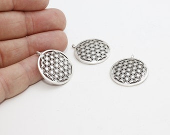 2 Pcs 25mm Antique Silver Flower of Life , Yoga Necklace , Flower of Life Pendant , KSM129