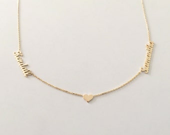Personalized Two Names Necklace with Heart - Dainty Name Necklace - Tiny Name Charm - 2 names necklace - Bridesmaid Gift -Mother's Necklace