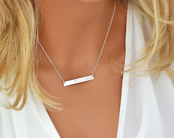 Silver Bar Necklace, Coordinates Bar Necklace, Engraved Necklace Bar, Horizontal Bar Necklace,roman Numeral Necklace, Gold, Silver Bar, 5x40