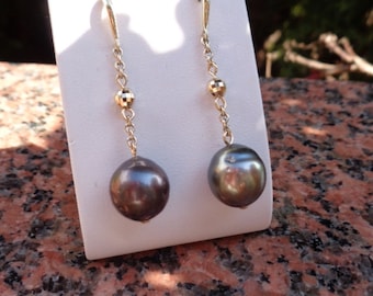 Boucles d'oreilles or, or 585 avec perle de Tahiti et perle brillant