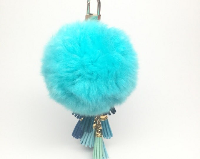 Fur Pom Pom "Aqua Blue Fringe" charm ball pompon bag charm tassel keychain with tassel elements charms